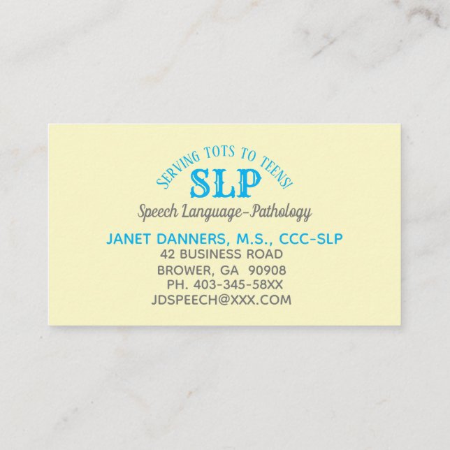 SLP business cards serving tots to teens (Back)