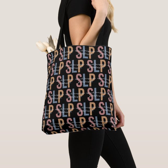 SLP Speech Language Pathologist Retro Pattern Tote Bag (Close Up)