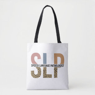 SLP Speech Pathologist Leopard Print Typography Tote Bag
