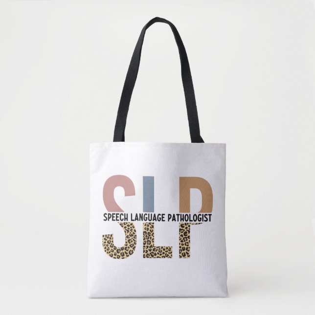 SLP Speech Pathologist Leopard Print Typography Tote Bag (Front)