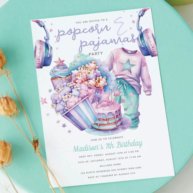 Slumber Girl Birthday Popcorn & Pyjamas Invitation (Creator Uploaded)