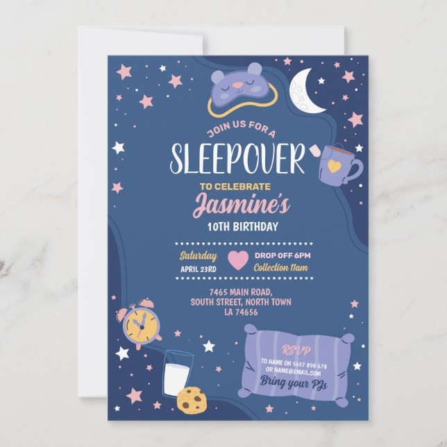 Slumber Party Birthday Sleepover Cute Girls Blue Invitation (Front)