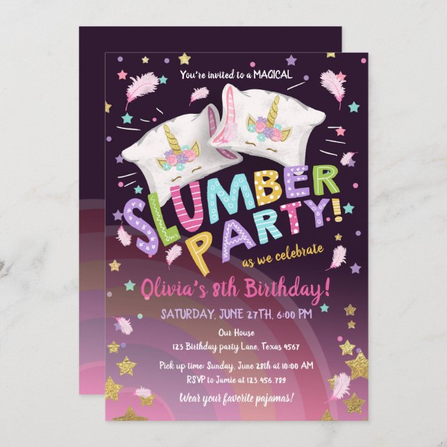 Slumber Party Pyjamas Sleepover Magical Unicorn Invitation (Front/Back)