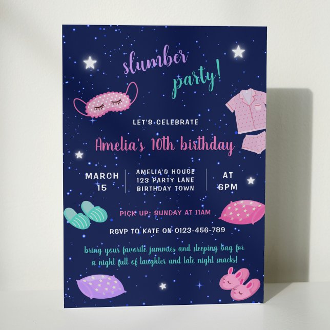Slumber Sleepover Birthday Party Pink Purple Invitation (Creator Uploaded)