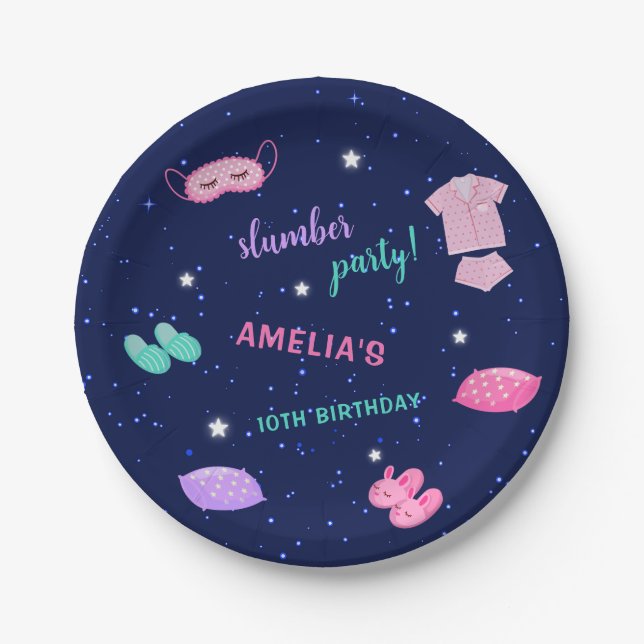 Slumber Sleepover Birthday Party Pink Purple Paper Plate (Front)