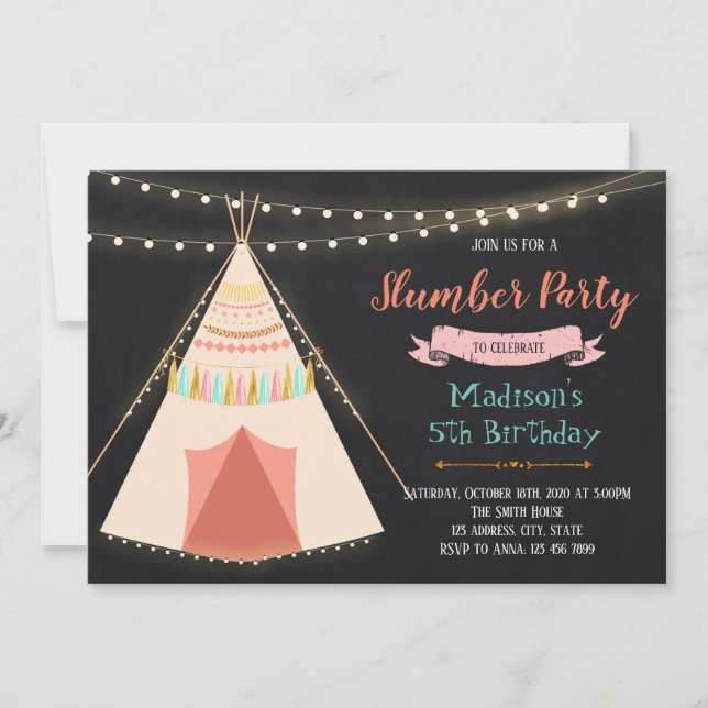 Slumber tent birthday party invitation (Front)
