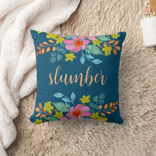 "Slumber" With Modern Watercolor Florals on Teal Cushion (Blanket)