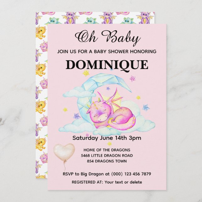 Slumbering Dragon On Pink - Baby Shower Invitation (Front/Back)