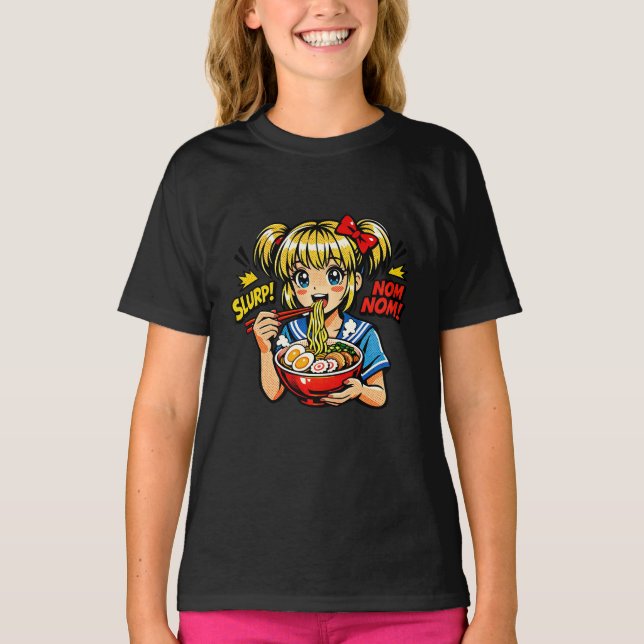 Slurp Nom Anime Girl Ramen Noodles T-Shirt (Front)