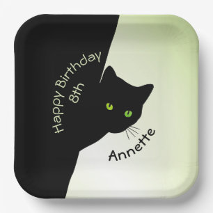 Sly Black Cat Happy Birthday Year and Name Paper Plate