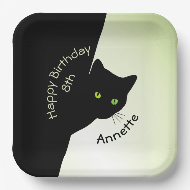 Sly Black Cat Happy Birthday Year and Name Paper Plate (Front)