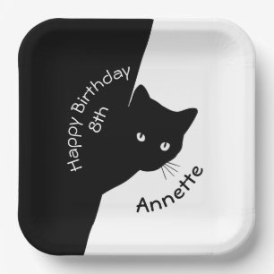 Sly Black Cat Happy Birthday Year and Name Paper Plate