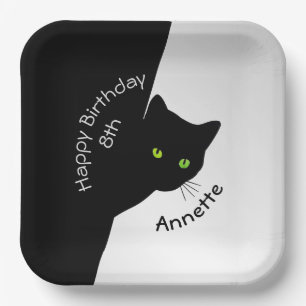 Sly Black Cat Happy Birthday Year and Name Paper Plate
