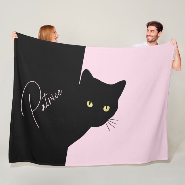 Sly Black Cat Pink Fleece Blanket (In Situ)