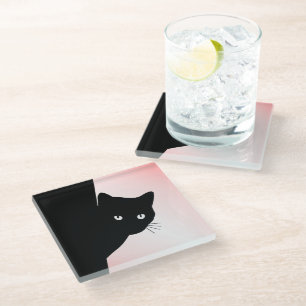Sly Black Cat Pink Glass Coaster