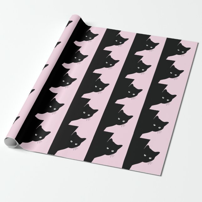 Sly Black Cat Pink Wrapping Paper (Unrolled)