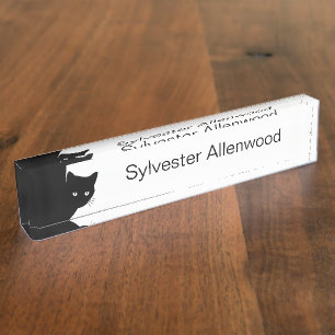 Sly Black Cat w Name Nameplate