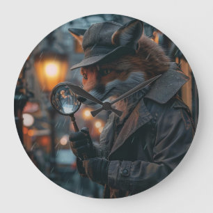 Sly fox detective in a noir setting large clock