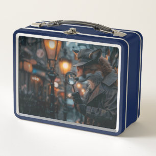 Sly fox detective in a noir setting metal lunch box