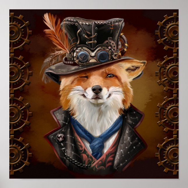 Sly fox in steampunk clothes. Watercolor drawing Poster (Front)