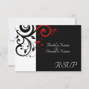 Sm Black +White Red Swirl Wedding Matching RSVP Card