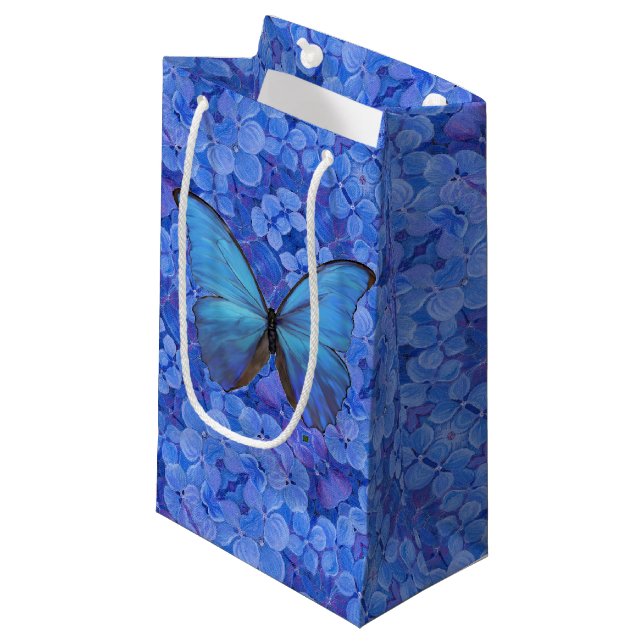 Sm Gift Bag Blue Morpho on Hydrangea (Front Angled)