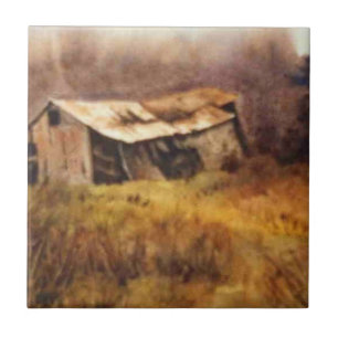 Small abandoned shed in autumn field tile