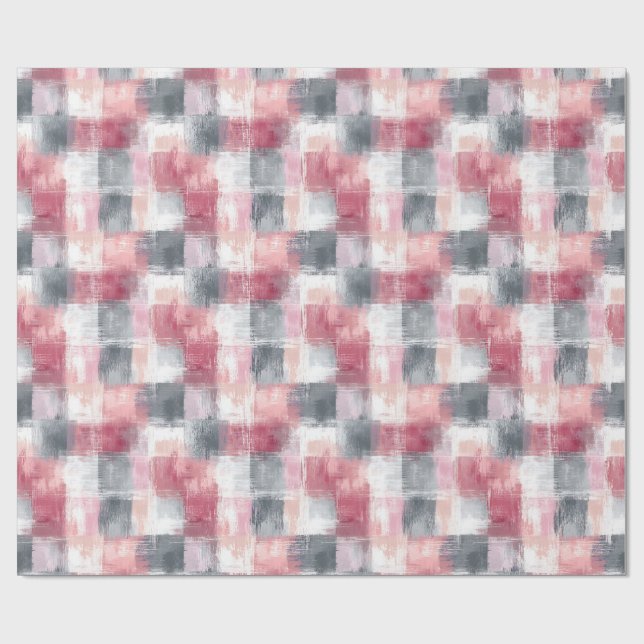 Small Abstract Gingham Pink and Grey Wrapping Paper (Flat)