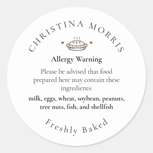 Small Batch Bakery Pie Personalised Allergy Allert Classic Round Sticker (Front)