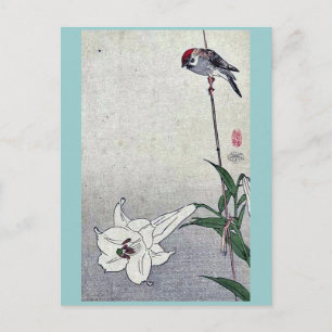 Small bird on lily plant by Baison, Ukiyoe Postcard