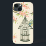 Small Birds Perched on a Branch and on a Birdcage iPhone 13 Case<br><div class="desc">Nancy Slocum's have painted many birds throughout the years. This image portrays two small blue and yellow birds perched on a branch surrounded by pink flowers and looking curious about a birdcage. Get this cool bird-themed art piece on your Zazzle product today.</div>