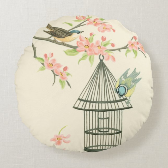 Small Birds Perched on a Branch and on a Birdcage Round Cushion (Front)