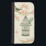 Small Birds Perched on a Branch and on a Birdcage Samsung S4 Wallet Case<br><div class="desc">Nancy Slocum's have painted many birds throughout the years. This image portrays two small blue and yellow birds perched on a branch surrounded by pink flowers and looking curious about a birdcage. Get this cool bird-themed art piece on your Zazzle product today.</div>