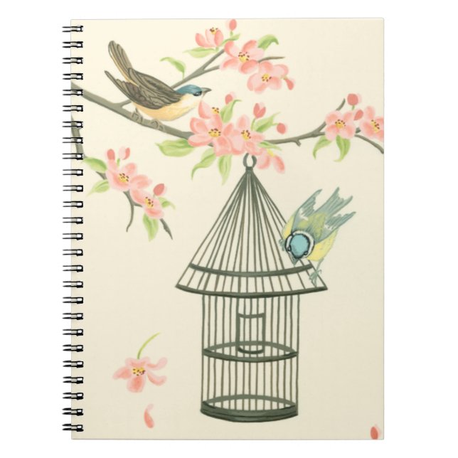 Small Birds Perched on a Branch and on a Birdcage Spiral Notebook (Front)