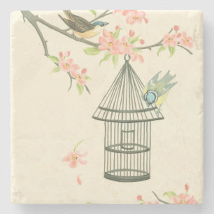 Small Birds Perched on a Branch and on a Birdcage Stone Coaster