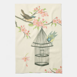 Small Birds Perched on a Branch and on a Birdcage Tea Towel