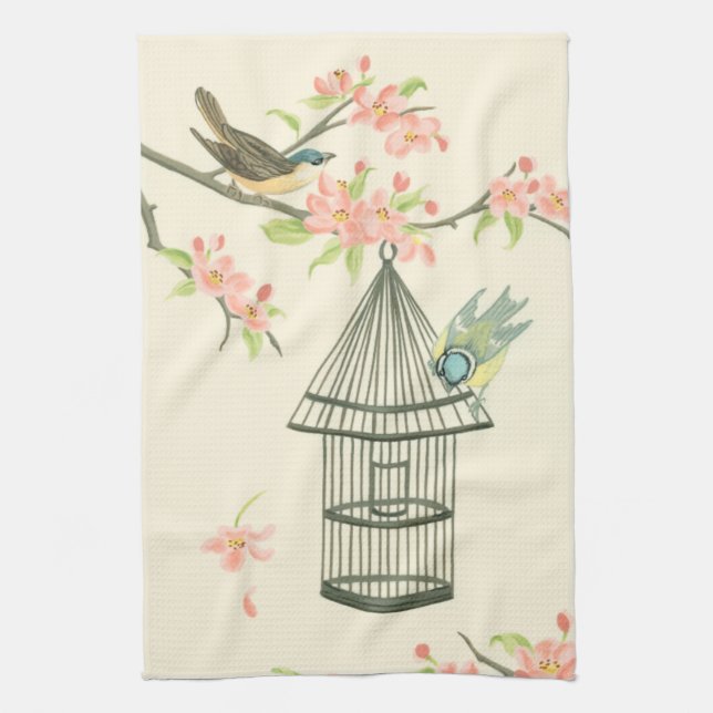 Small Birds Perched on a Branch and on a Birdcage Tea Towel (Vertical)