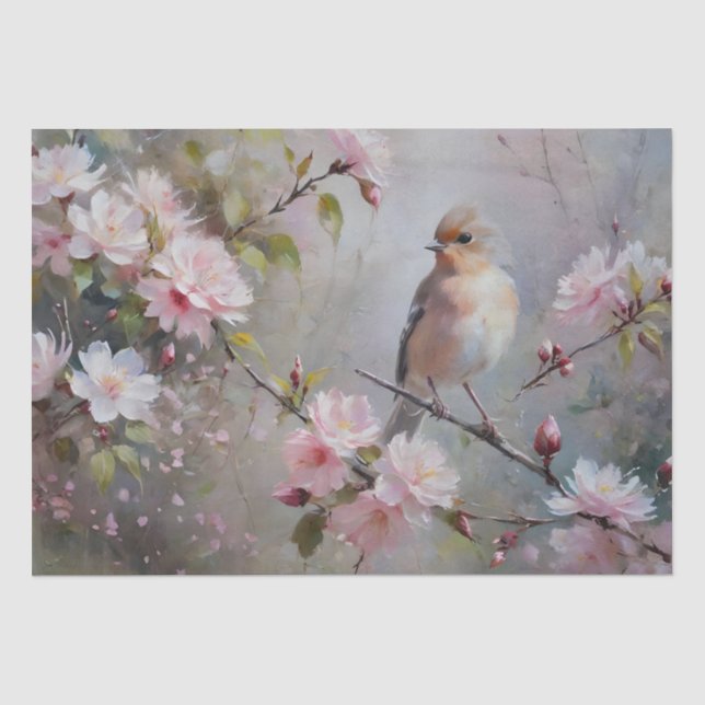 Small Birds with Blossoming Flowers Decoupage Tissue Paper (Front)