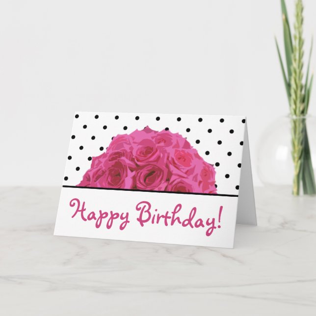 Small Black Polka Dots / Pink Roses Birthday Card (Front)