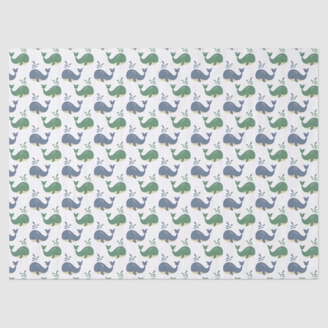 Small Blue and Green Whales on White Decoupage Tissue Paper (Front)