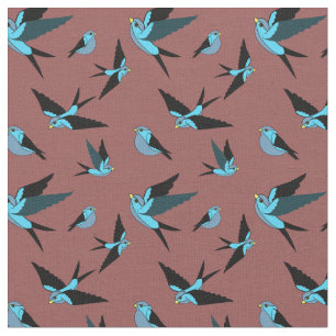 Small blue bird flying, sitting, Folk art print Fabric