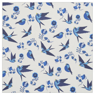 Small blue bird flying, sitting, Folk floral print Fabric
