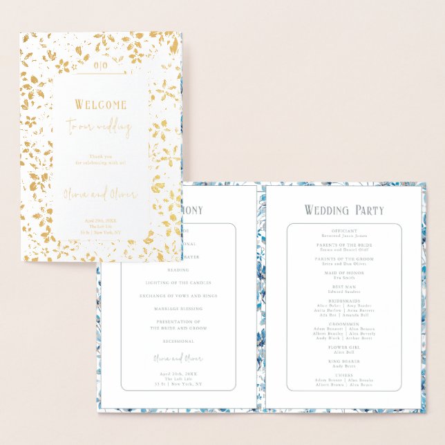 Small Blue Flowers Foil Wedding Program Foil Card (Display)