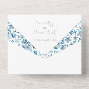 Small Blue Flowers Wedding All In One Invitation
