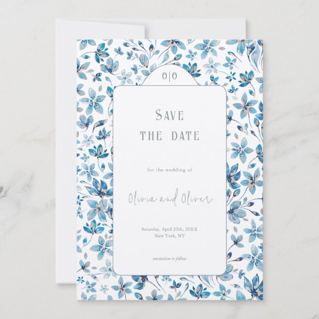 Small Blue Flowers Wedding Save the Date Invitation (Front)