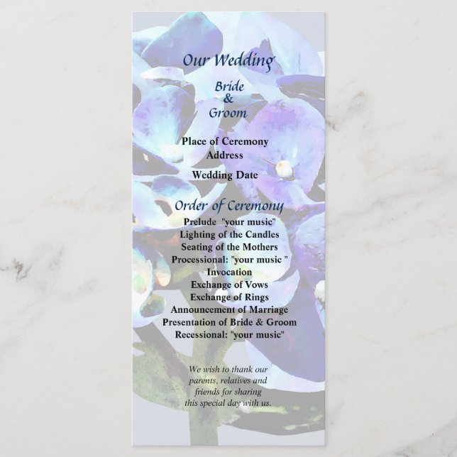 Small Blue Hydrangea Wedding Program Programme (Front)
