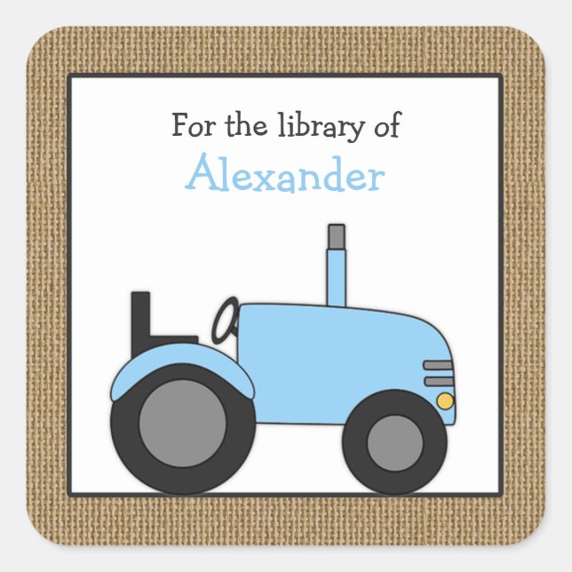 Small blue tractor library bookplate square sticker (Front)