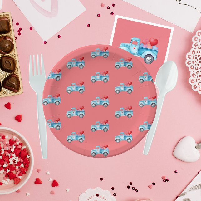 Small Blue Truck Valentine's Day Party Paper Plate (Creator Uploaded)