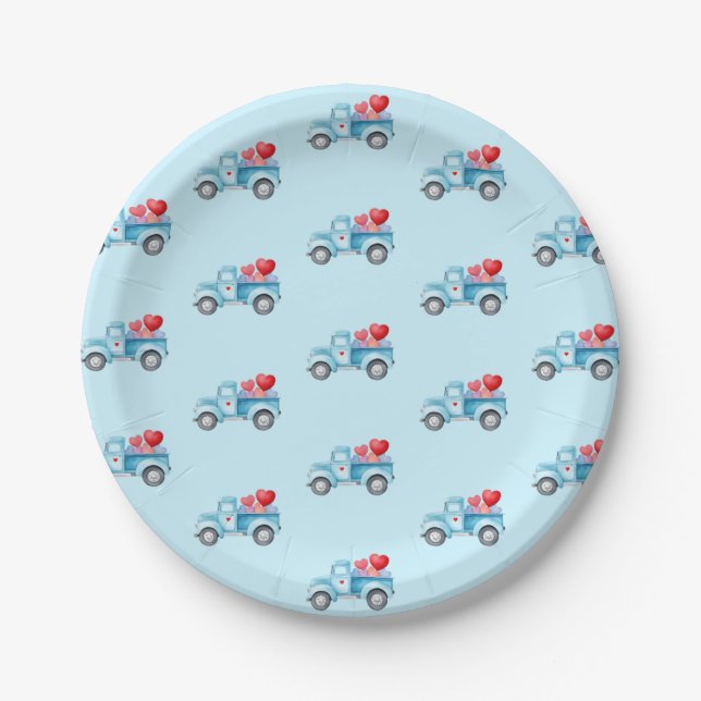 Small Blue Truck Valentine's Day Party Paper Plate (Front)