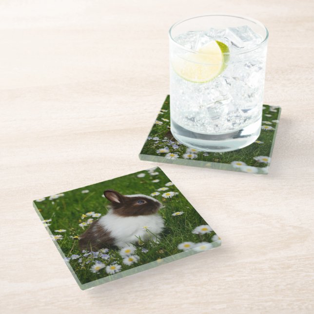 Small Brown and White Bunny in Flowers Glass Coaster (Angled)